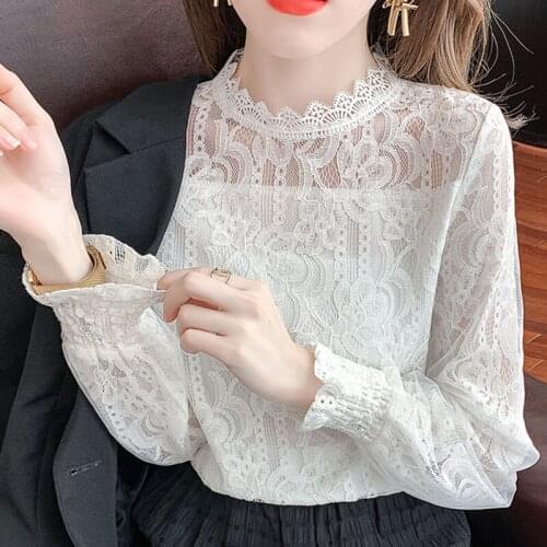Lace Long Sleeve Shirt Womens Autumn 2021 Fashion Elegantes Tops for Women Clothing Sexy Blusa Feminina Ladies Tops Solid 1187