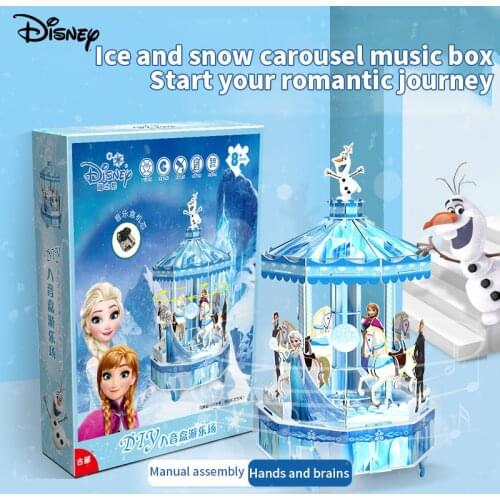 Disney Frozen Cardboard Puzzle Model Rotating Music Box Elsa Princess 3D Wooden Puzzle Musical Box Decoration Gifts for Kids