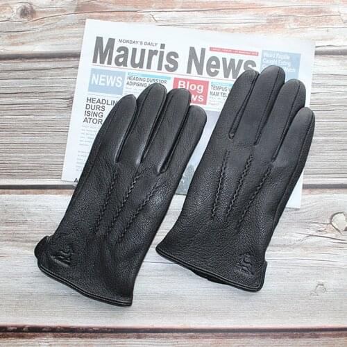 Bickmods New Men Fashion Black Deerskin Genuine Leather Velvet Lining Fake Rabbit Hair Gloves Keep Warm In Autumn And Winter