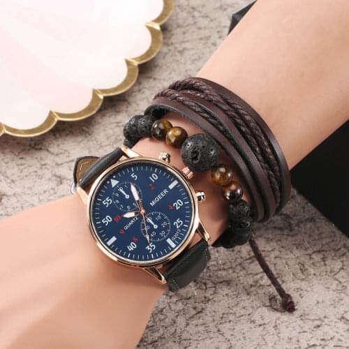 Mens Gift Box Fashion Wristwatch Bracelet Set Quartz Dial Clock Black Leather Watchband Adjustable Bracelets Gifts for Grandson