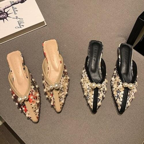 Pearl Embellished Mules Shoes Women Flats Slippers Pointed Toe Spring Summer Silk Slides Slip On Loafer Open Back Dress Footwear