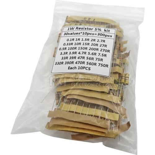 300PCS Resistor Kit 1W 5% 30values X 10PCS Carbon Film Resistance 0.1-750 ohm Set