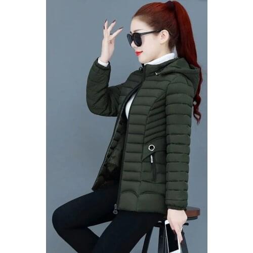 2021 Autumn Winter Jacket Slim Short Womens Parkas Casual Cotton Padded Jacket Warm Clothes Hooded Coats Solid Female Outwear