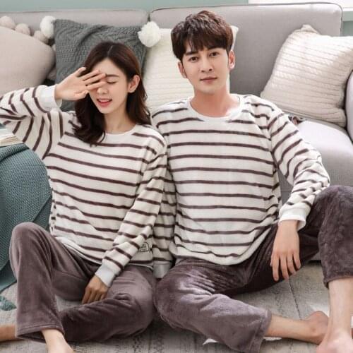 Couple Long Sleeve Thick Warm Flannel Casual Striped Pajama Sets Women Winter Coral Velvet Sleepwear Pyjama Men Homewear Clothes