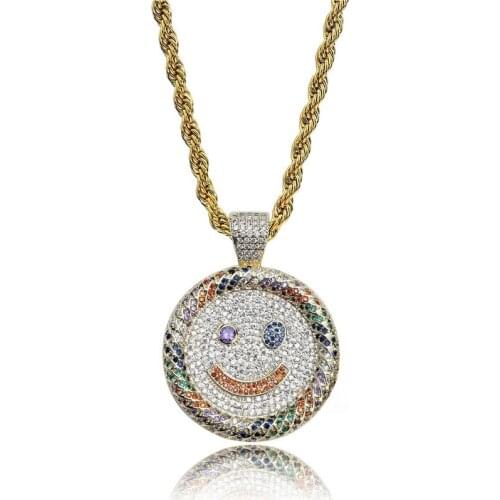 Lucky Sonny Smiling Face Pendant Necklace Zircon Iced Out Pendants & Necklaces With Stainless Steel Chain Hip Hop Bling Bijoux