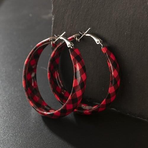 BUFFALO PLAID HOOP EARRINGS Faux Leather Plaid Earring Jewelry for Women Holiday Gift Buffalo Check Round Black and Red Earrings