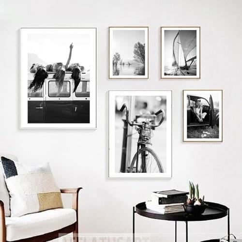 Scandinavian Style Bike Poster Black and White Canvas Painting Girl In Car Wall Pictures for Living Room Nordic Decor Home Art