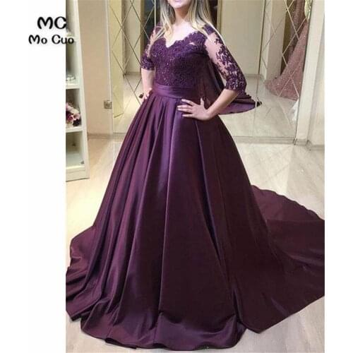 Grape Sheer Lace Evening Dresses prom dresses 3/4 Sleeves V-Neck vestidos de fiesta Appliques Satin Women Evening Dress