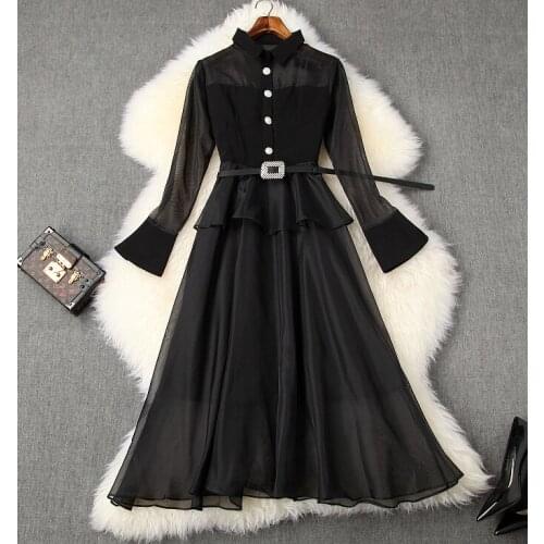 Spring Womens New Temperament Lapel Royal Sister Wind Closure Ruffled Midi Net Dress T3730