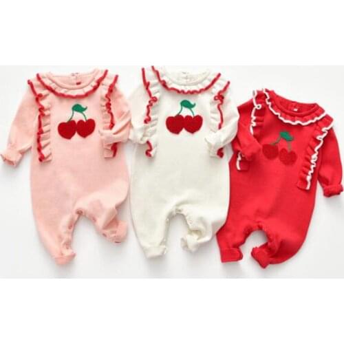 Spring Infant Baby Girls Cherry Rompers Autumn Long Sleeve Rompers Newborn Cute Baby Girls Knit Rompers Clothes