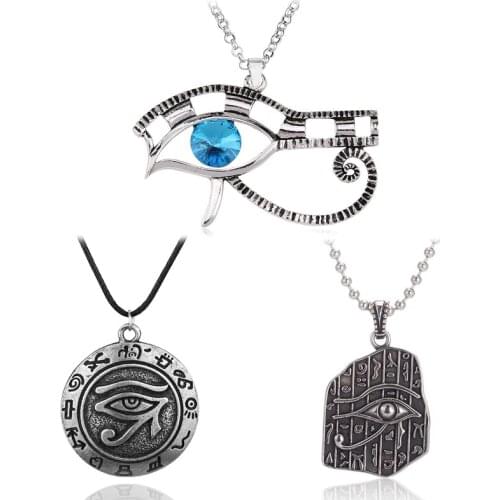 Vintage Egyptian Eye of Horus Necklace Wedjat Eye Statement Blue Crystal Charm Pendant Rock Hip Hop Party Accessory