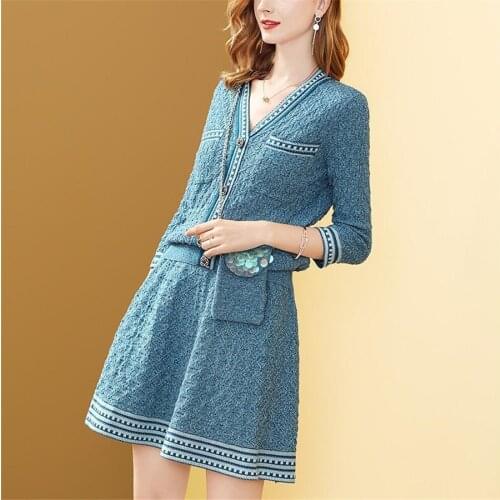 Women New Chic Knitted Jacquard Skirt 2 Piece Set Women Elegant V-Collar Cardigan Sweater+Elastic Force A-line Skirt Set Autumn