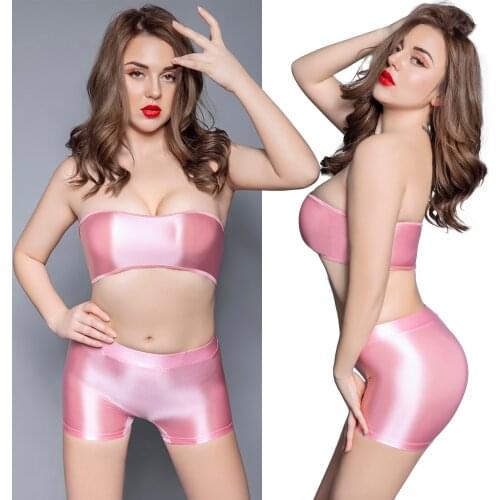 Metelam Womens Sexy Tracksuits Glossy Satin Bra Tube Top with High Elastic Bodycon Boxers Shorts Split Pajamas Suit Candy Color