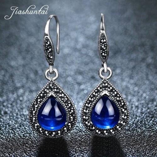JIASHUNTAI Vintage 100% 925 Sterling Silver Earrings Garnet Sapphire Gemstone Drop Earrings F Womens Fine Jewelry