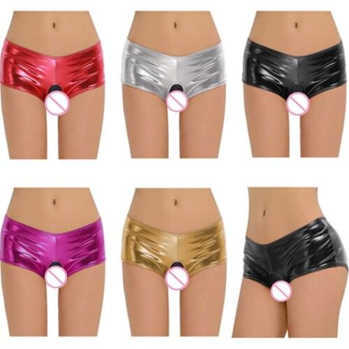 Women Sexy Wetlook Lingerie Elastic Latex Open Ass Hip Panties Faux PU Leather Crotchless Mini Shorts Erotic Underwear