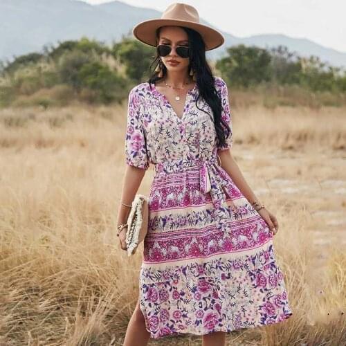 2021 Spring Summer Casual Fashion Ladies Print Bandage Floral Female Dress Short Sleeve V Neck Vintage Womens Dress