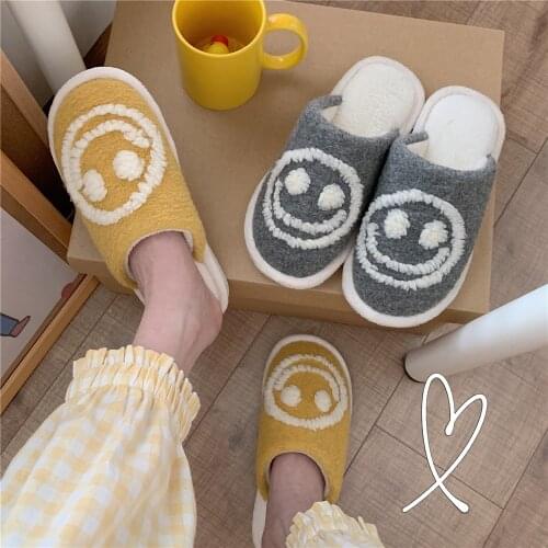 Winter Womens Slippers Fluffy Fur Smile Big Smile Deco Slipper Shoe Short Plush Zapato De Mujer Flats Couple Shoes Indoor Shoes