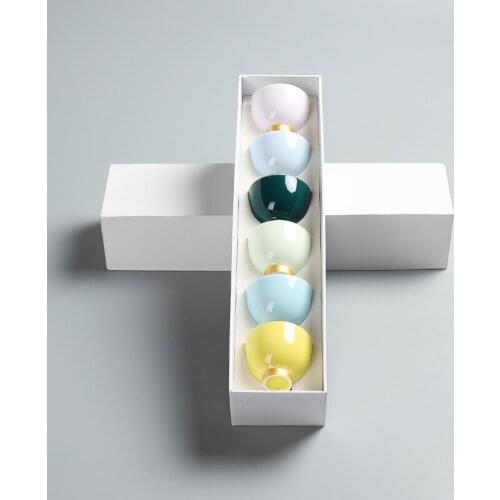 1set / 6 Cups Japanese Rainbow Ceramic Gold Tea Cup Set Gift Box Kungfu Bone China Tea Set