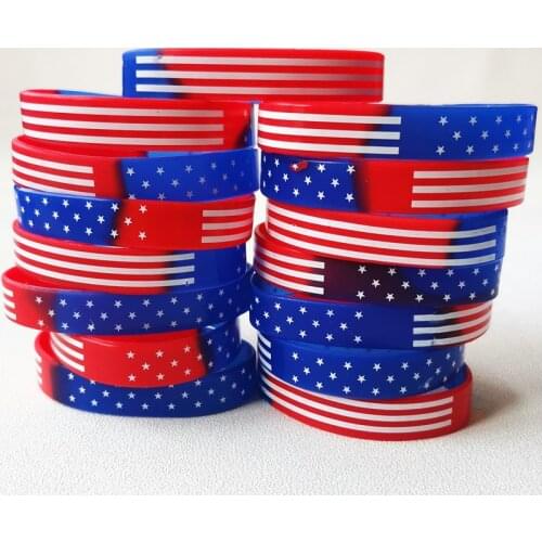 20Pcs Lot United State Of America USA American Flag Red Blue White Thin Line Silicone Rubber Bracelet Wristband Free Shipping