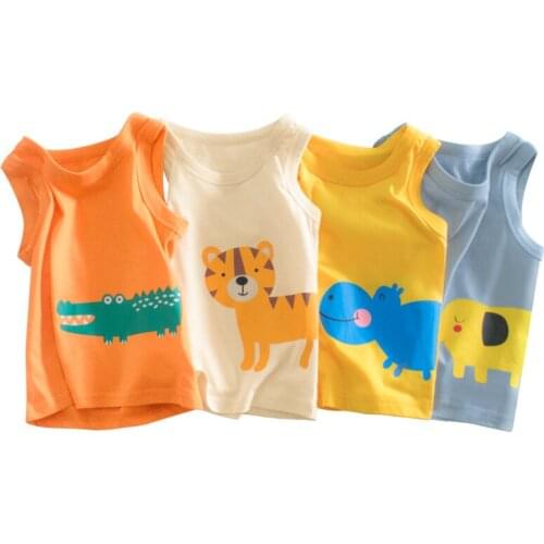 2021 Summer 2-7 Years Old Boy Cotton Thin Breathable Sleeveless Top Cute Cartoon Animal Print Daily Casual O-neck Vest