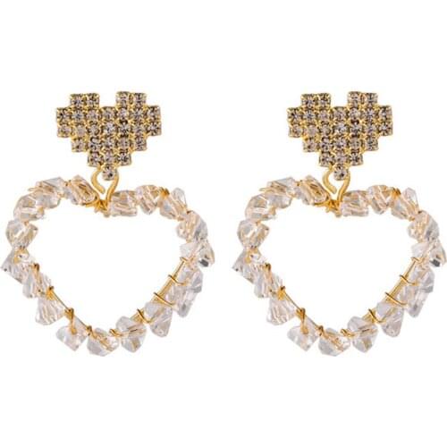 2021 New Arrival Sweety Heart Design Drop Earrings Double Heart Acrylic Metal Crystal Women Dangle Pendientes Hanging Earrings