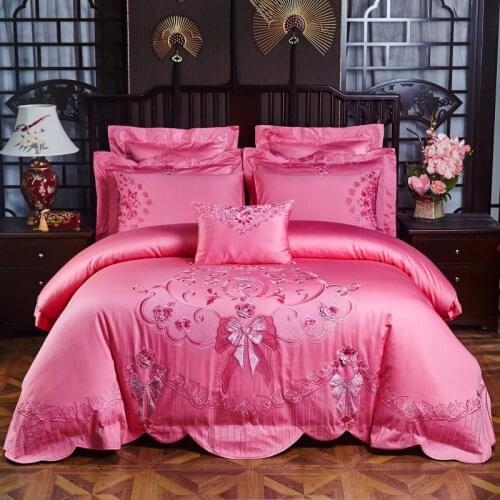 4/9pcs Forever Love Wedding Bedding Set Pink girl Bed Set Embroidery Bowknot crown Bed linen Long-staple cotton Bed cover/Sheet