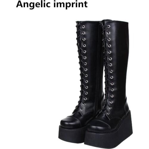 Angelic imprint mori girl Women punk motorcycle boots lady lolita Mid-calf Boots woman high trifle heels pumps platform shoes 47