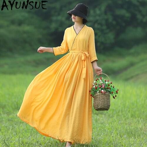 AYUNSUE 2020 Spring Summer Retro Dress for Women V Neck Linen Dress Casual Yellow Long Dresses Vintage Vestidos Mujer KJ2055