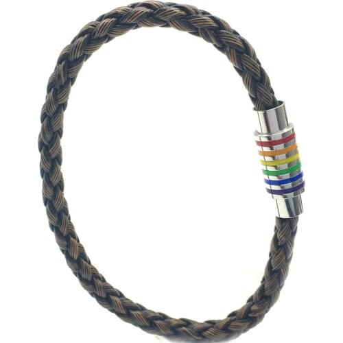Stainless Steel Brown Leather Cord Magnet Clasp Bracelet Gay Rainbow Bracelet