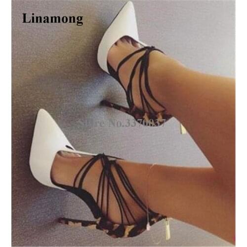 Brand Design Women Fashion Pointed Toe White Leopard Stiletto Heel Pumps Strap Cross Patchwork High Heels Formal Dress Shoes