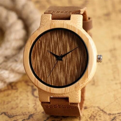 Creative Nature Wood Watch Men Sport Wristwatches Quartz Analog Display Soft Brown Genuine Leather Strap Timepiece Clock Reloj