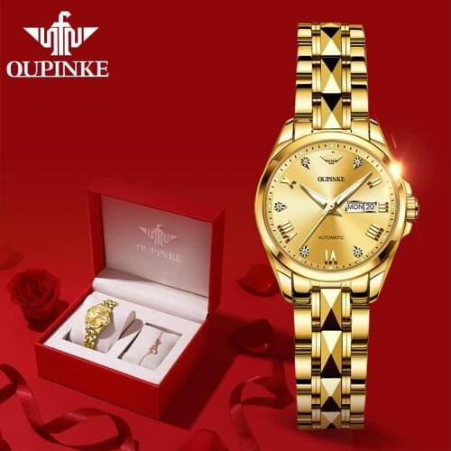 OUPINKE Gold Watch Womens watches Luxury Women Mechanical Watch Sapphire Glass Ladies Automatic Wrist Watch montre femme G3171