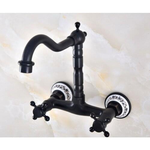 Black Oil Rubbed Bronze Bathroom Kitchen Sink Faucet Mixer Tap Swivel Spout Wall Mounted Double Handles mnf816