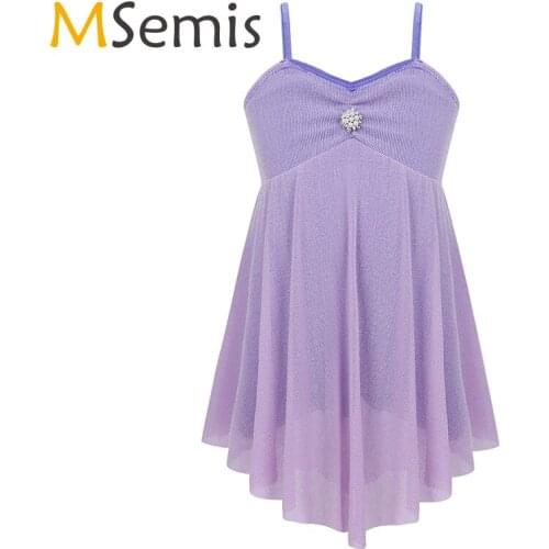 Girls Gymnastics leotard Ballet Dress Kids Spaghetti Shoulder Straps Floral Rhinestone Lyrical Modern Dance Shorty Unitard Dress