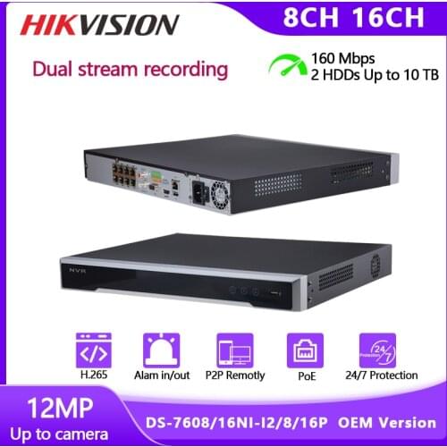 Hikvision Dual-stream Surveillance Recording 8CH 8POE 4K OEM NVR DS-7608NI-I2/8P H.265+HD Video & Audio For CCTV Camera Outdoor
