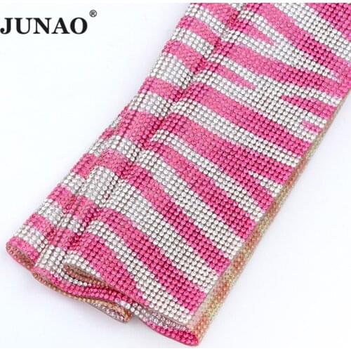 JUNAO 24x40cm Rose Glass Crystal Rhinestone Mesh Hotfix Strass Applique Crystal Ribbon Trim Decoration Sticker Sheet