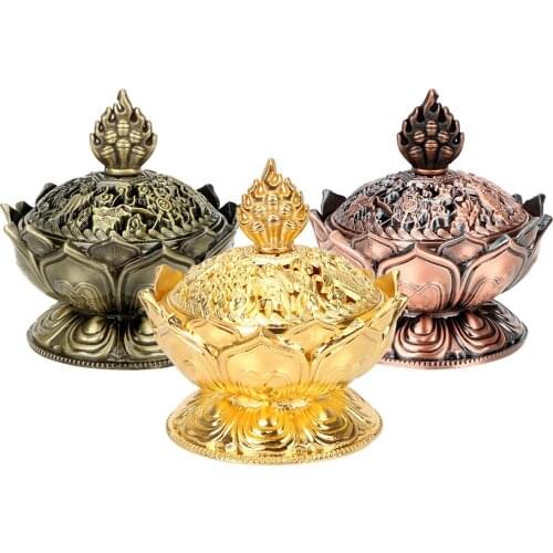 Zinc Alloy Lotus Flower Sandalwood Censer Home Decor for Home Office Teahouse Use Chinese Buddha Incense Holder Incense Burner