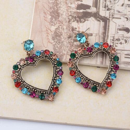 Fashion Metal Colorful Geometric Heart Shaped Earrings Jewelry Crystal Geometric Statement Gold Drop Pendant Earrings For Woman