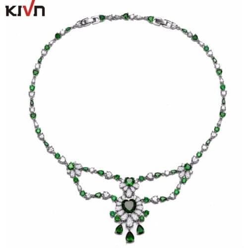 KIVN Fashion Jewelry Green Heart Cubic Zirconia Luxury Bridal Wedding Necklaces for Womens Girls Bridesmaids Christmas Gifts