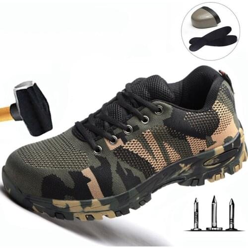Shoes for men Labor Insurance Shoes Breathable Camouflage Flying Woven Steel Toe Caps Anti-Smashing Anti-Piercing Safety Shoes