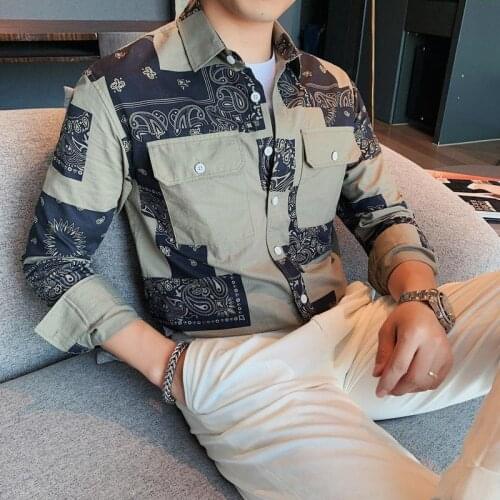 New men Full Sleeved Polyester Spandex Shirt with Irregular Paisley Patterned Patchwork Decoration, Pocket, and Turn Down Collar