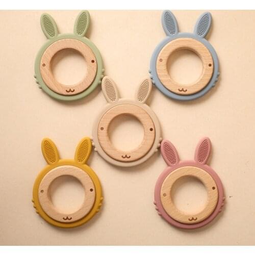 New Animal Rabbit Silicone Teether Baby Oral Care Products 1Pcs Big Teether BPA-Free Beech Wooden Rattle Teething Toys For Kids