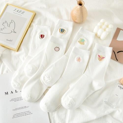 New Cat Paw Embroidery In Tube Womens Socks Japanese Cute College Style Pure White Student Angel Badge Xingyue Cherry Blossom