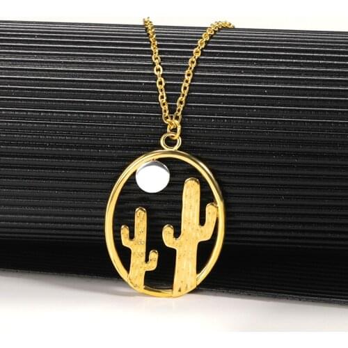 Simple Cactus Pendant Necklace For Women Gold Stainless Steel Chain Bohemian Jewelry Couple Gift Accessories Collier