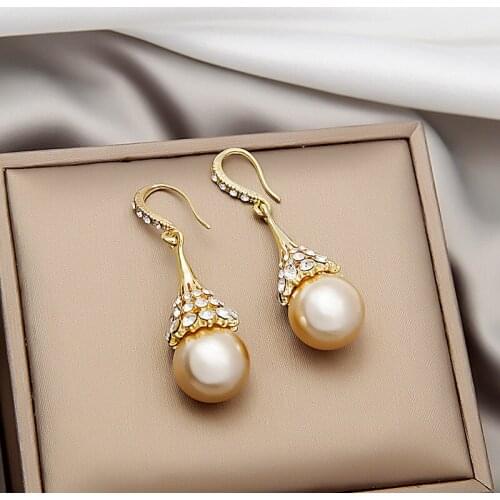 Korean Fashion Champagne Pearl Hook Earring for Women Girls Exquisite Bling Bling Rhinestone Dangle Earring Jewelry Pendientes