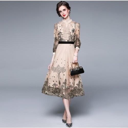 Mesh Lace Embroidery French Dresses Summber Vestido Midi Elegante Vintage Chiffon Birthday Dress for Women Made In China 2021
