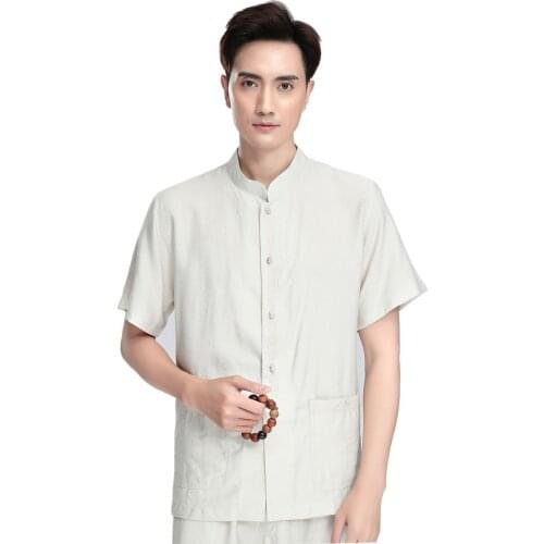 Shanghai Story 2019 New Sale Chinese Traditional Kung Fu Tops Short Sleeve Tang Suit Clothing For Men Cotton Blend Shirt