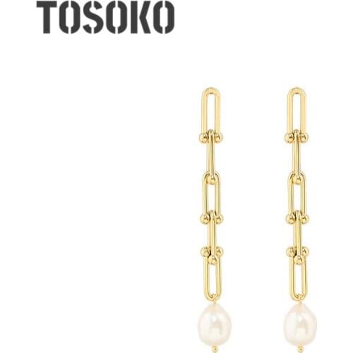 TOSOKO Stainless Steel Jewelry Link Chain Freshwater Pearl Earrings Female Tassel Earrings Autumn And Winter Earrings BSF346