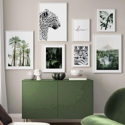 Tropical Waterfall Palm Tree Leaf Tiger Leopard Nordic Poster Wall Art Print Canvas Painting Home Decor Pictures For Living Room