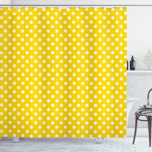 Yellow Decor Shower Curtain by, Picnic Inspired Cute 50s 60s 70s Themed Polka Dot Spotted Pattern Print, Fabric Bathroom Decor